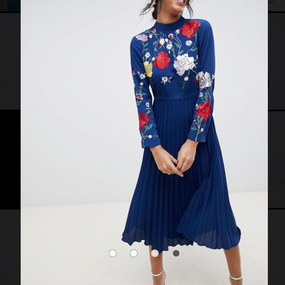 ASOS Dresses & Skirts - ASOS | Navy Pleated Midi Dress with Embroidery